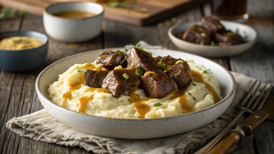 Garlic butter crock pot steak bites with mashed potatoes