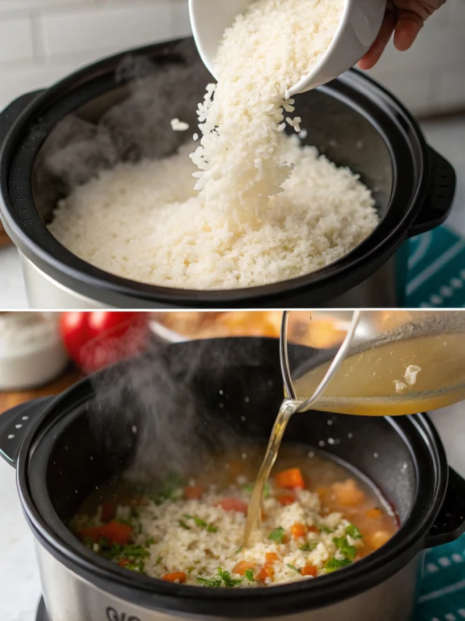Step-by-step adding rice and broth into a crock pot