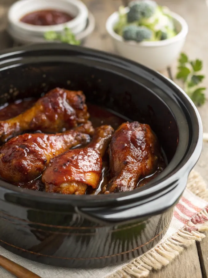 BBQ chicken legs in a crock pot cooked until tender