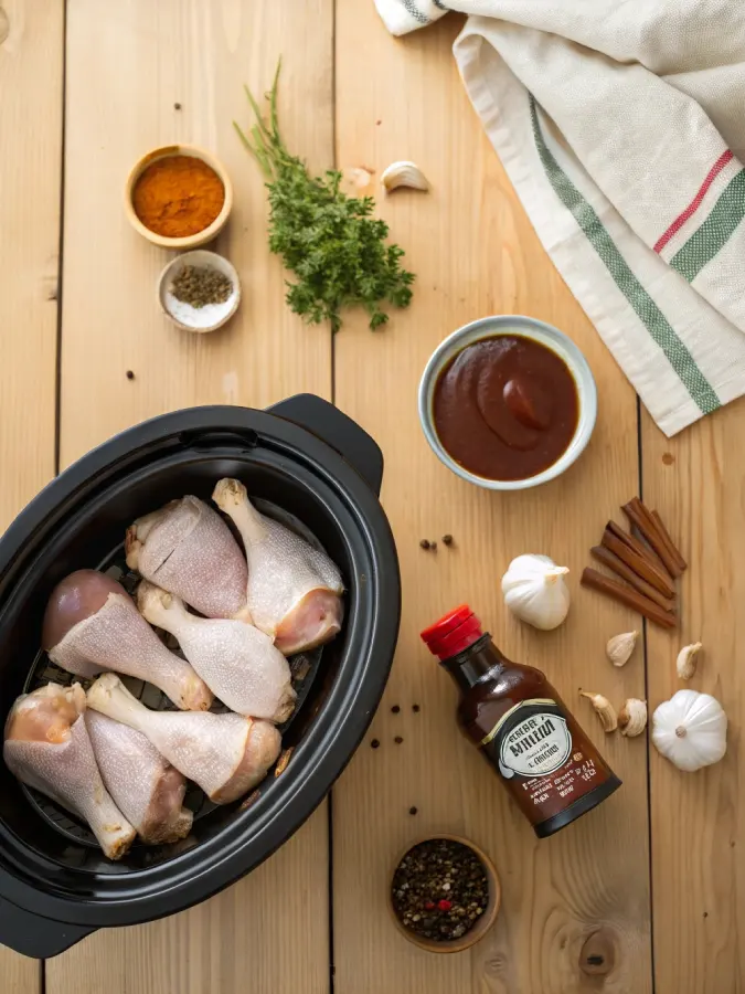Ingredients for bbq chicken legs in a crock pot