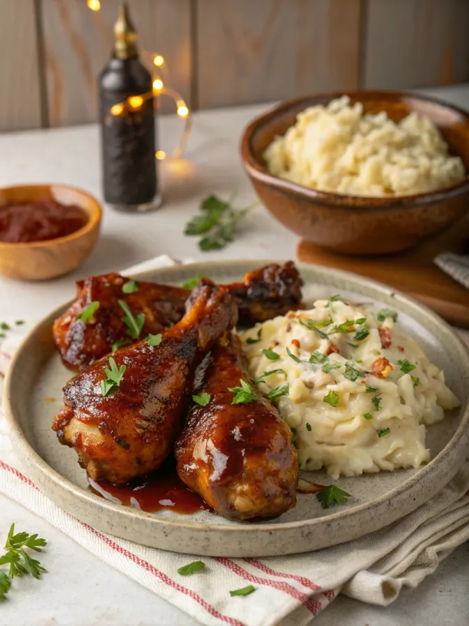 BBQ chicken legs served with sides