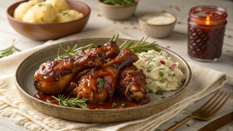 BBQ chicken legs served with sides