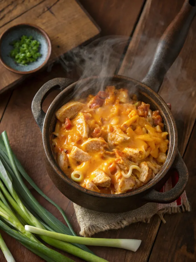 buffalo chicken mac cheese crock pot recipe in rustic crock pot