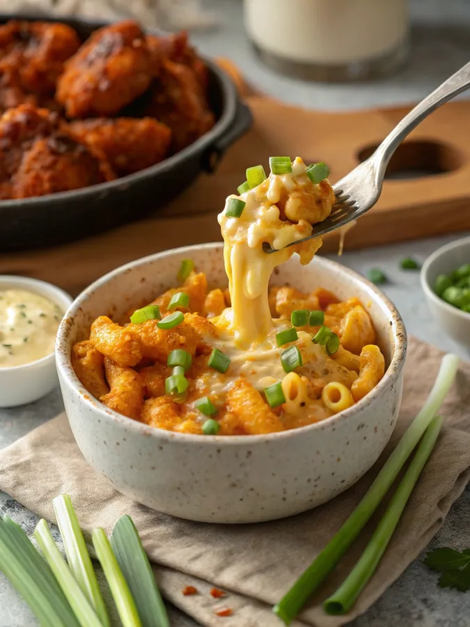 serving of buffalo chicken mac cheese crock pot with cheese pull