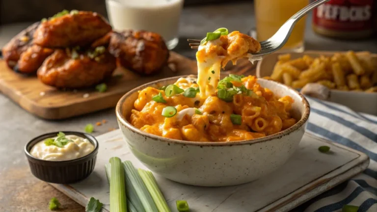 serving of buffalo chicken mac cheese crock pot with cheese pull