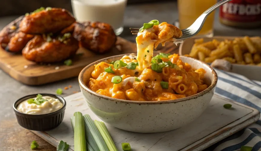 serving of buffalo chicken mac cheese crock pot with cheese pull