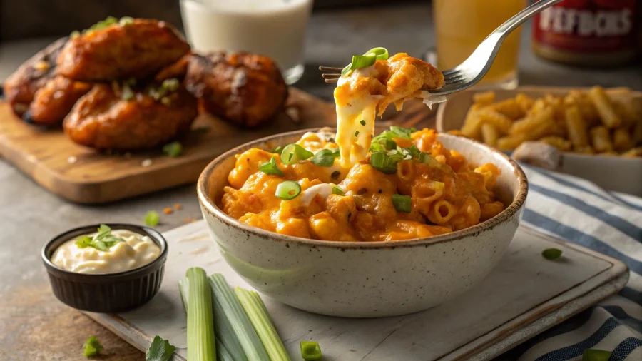 serving of buffalo chicken mac cheese crock pot with cheese pull