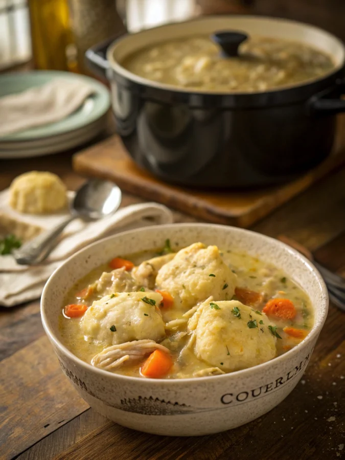 Chicken and dumplings crock pot meal in rustic kitchen