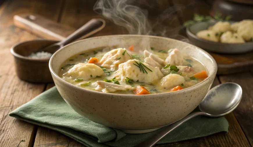 Served bowl of crock pot chicken and dumplings