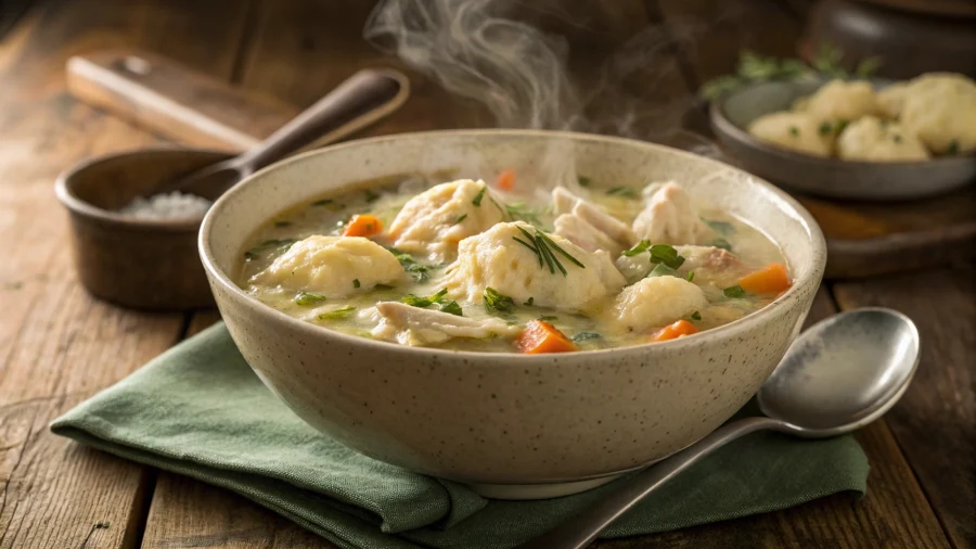 Served bowl of crock pot chicken and dumplings