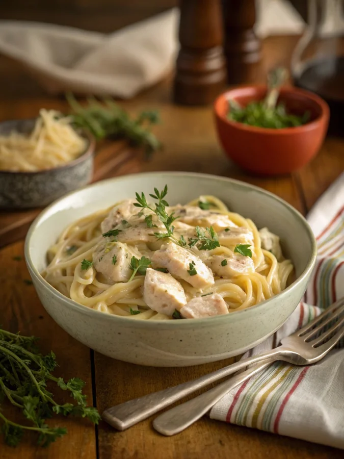 serving bowl of crock pot chicken and noodles