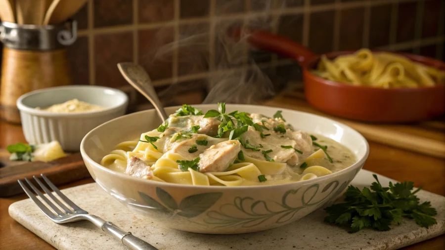 serving bowl of crock pot chicken and noodles