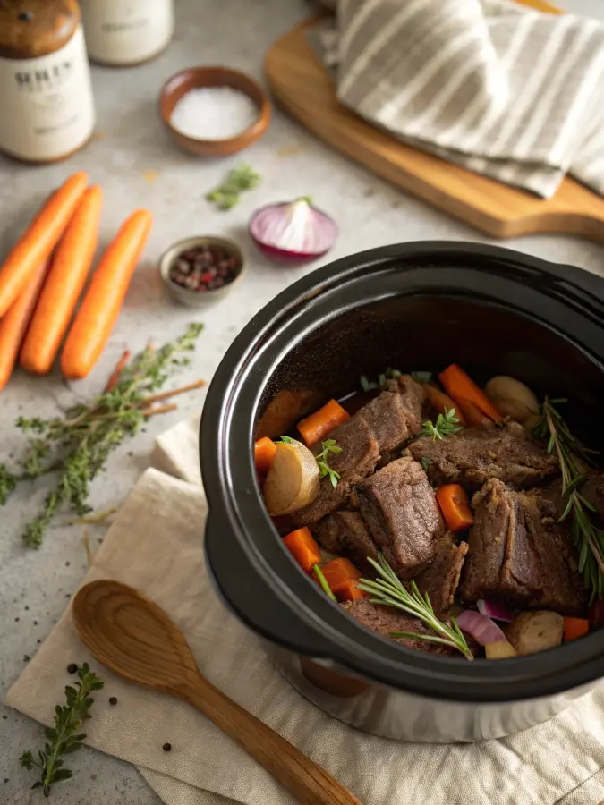 Chuck roast in a crock pot with carrots and onions