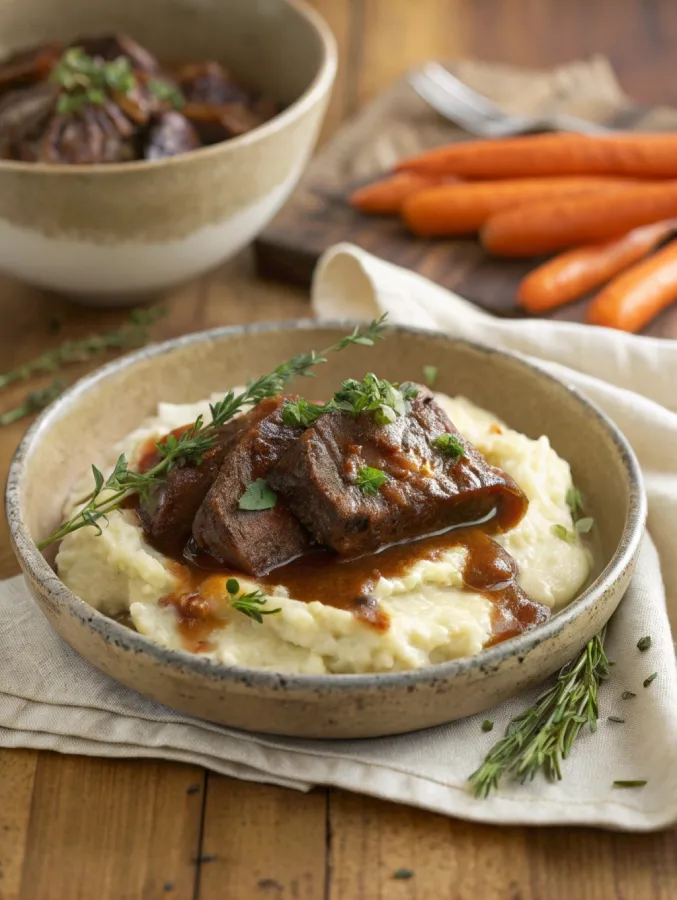 Chuck roast served over mashed potatoes with gravy