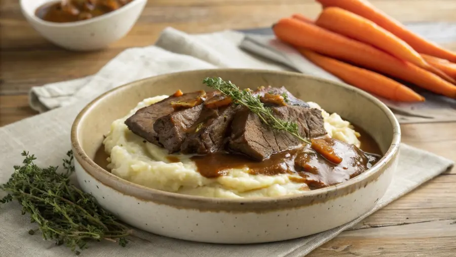 Chuck roast served over mashed potatoes with gravy
