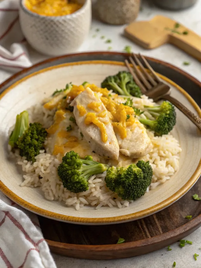 Crock pot chicken divan served with creamy rice, cheddar, and broccoli on a rustic plate