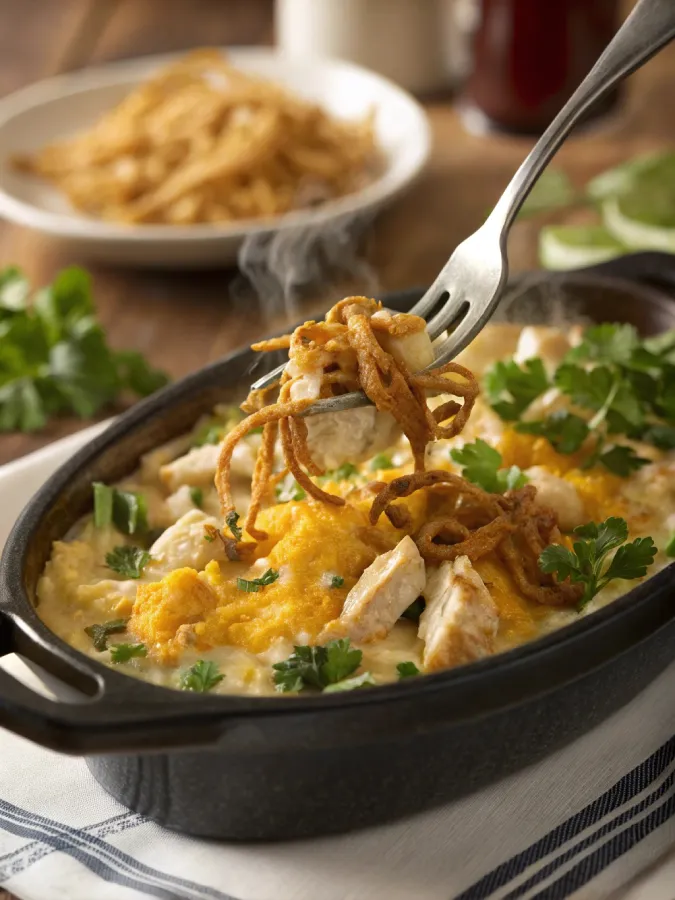 A serving of crock pot chicken divan on a plate with cheese and crispy onions