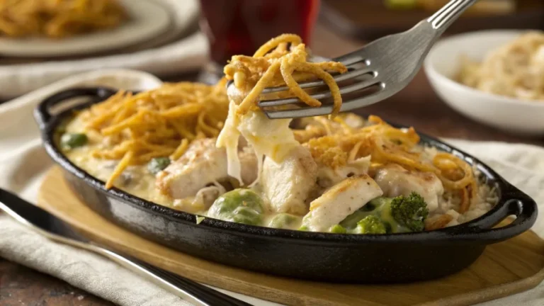 A serving of crock pot chicken divan on a plate with cheese and crispy onions