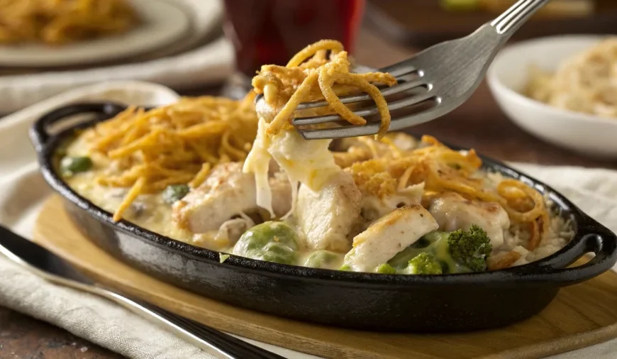 A serving of crock pot chicken divan on a plate with cheese and crispy onions
