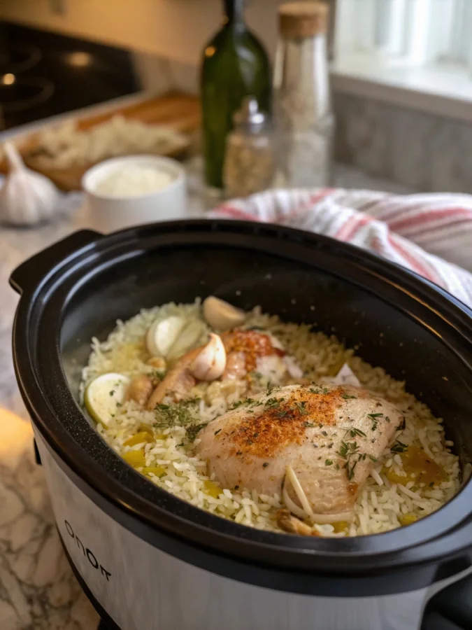 Chicken, rice, and broth being layered into a crock pot for chicken divan
