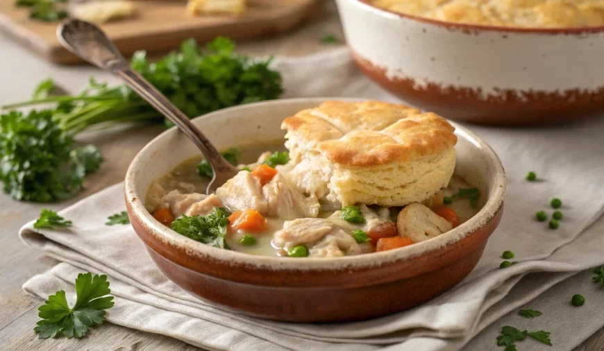 Serving Crock Pot Chicken Pot Pie with biscuit