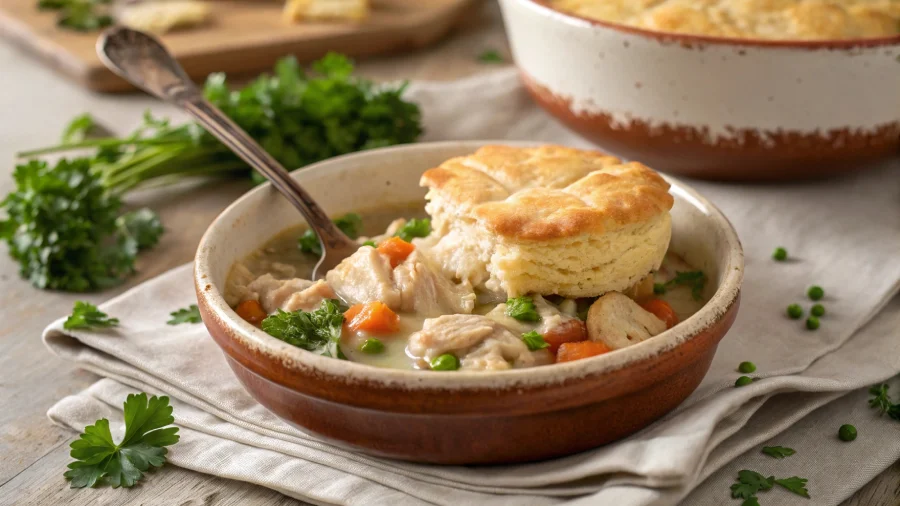 Serving Crock Pot Chicken Pot Pie with biscuit