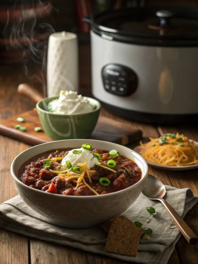 Crock pot chili with toppings on rustic kitchen table