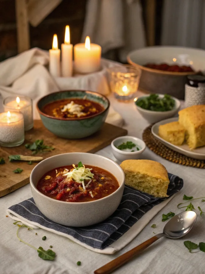 Crock pot chili served at a cozy dinner table with sides