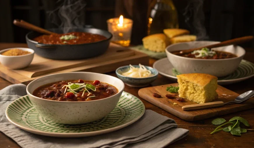 Crock pot chili served at a cozy dinner table with sides