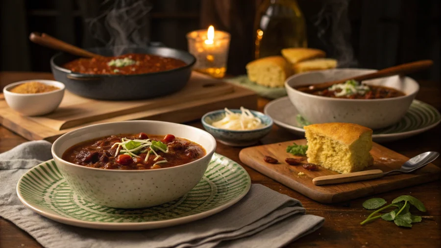 Crock pot chili served at a cozy dinner table with sides