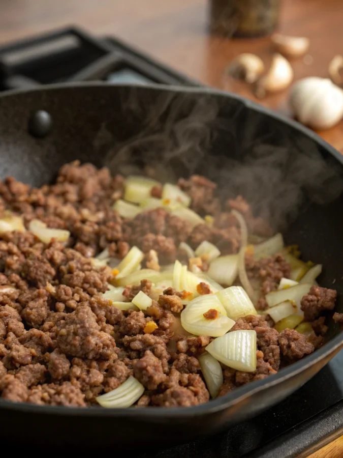 Browning beef with onions and garlic for crock pot chili