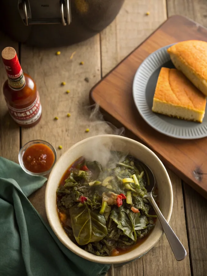 Crock pot collard greens with cornbread