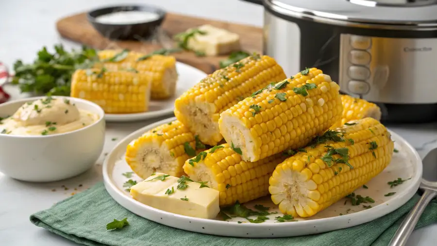 serving crock pot corn on the cob with butter
