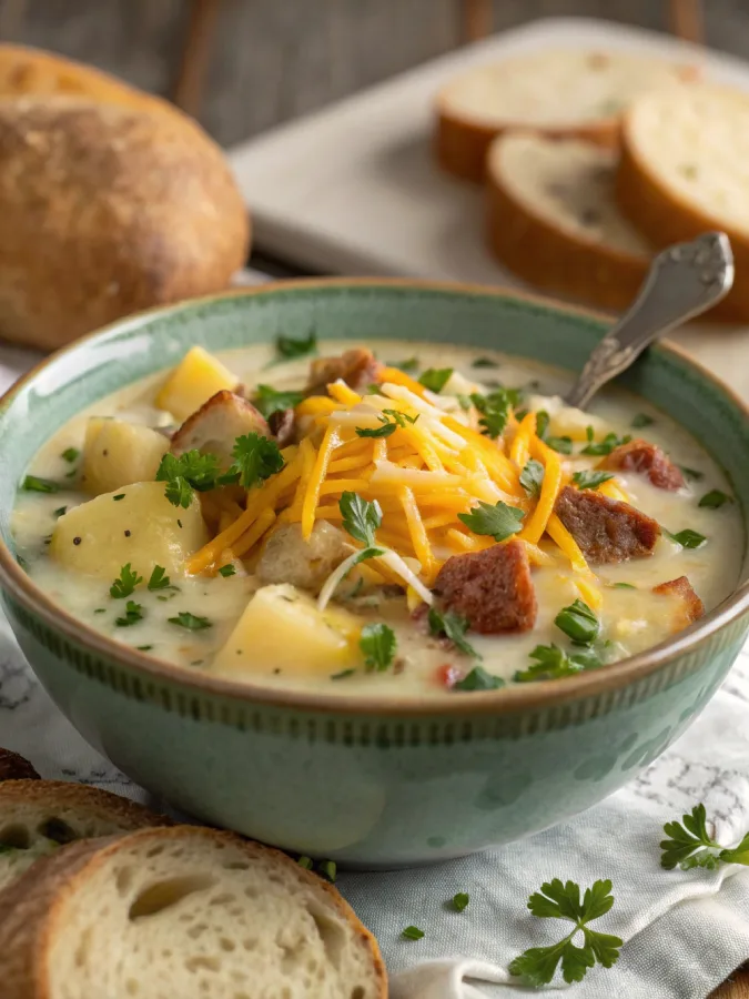 Bowl of crock pot crack potato soup with toppings