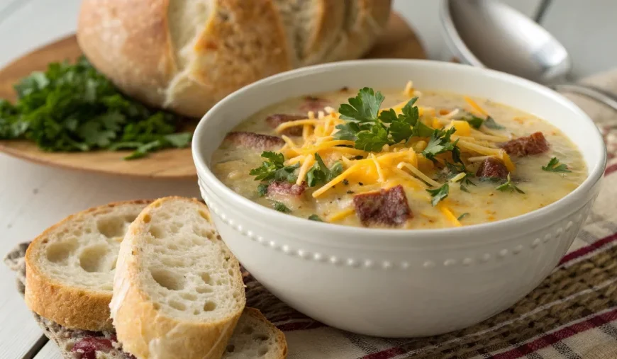 Bowl of crock pot crack potato soup with toppings