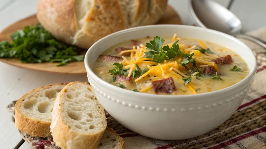 Bowl of crock pot crack potato soup with toppings