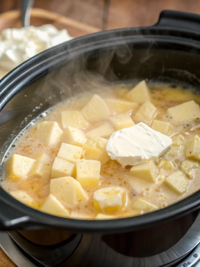 Cream cheese melting into crock pot potato soup