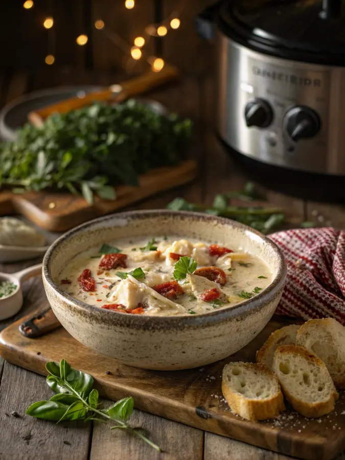 crock pot creamy chicken parmesan soup in bowl