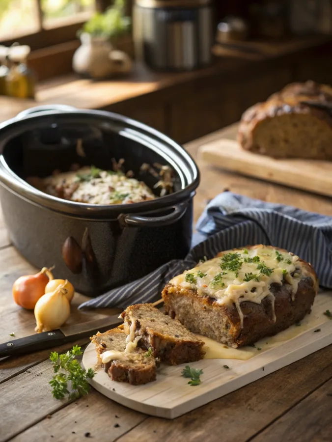 Crock pot French onion meatloaf in slow cooker
