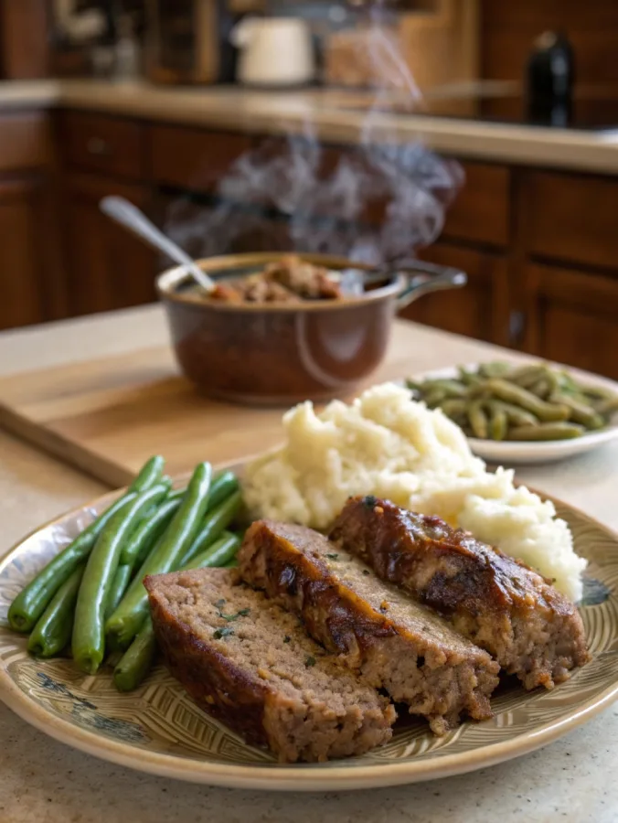 Served crock pot French onion meatloaf with sides