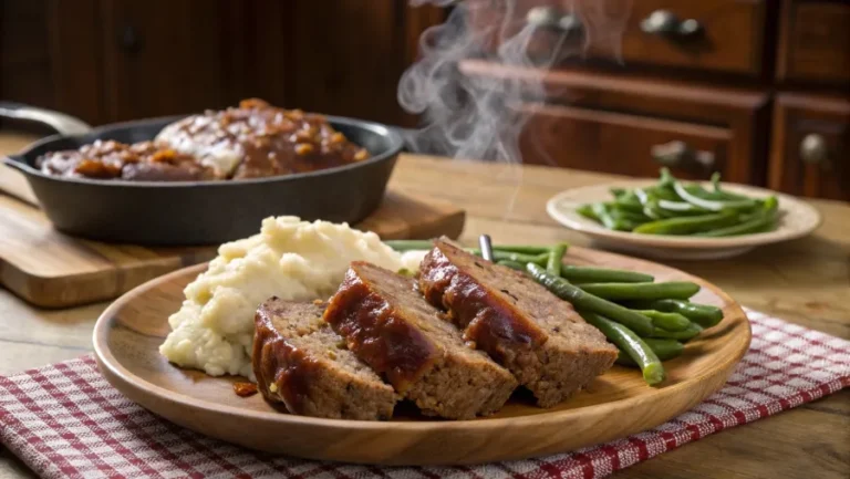 Served crock pot French onion meatloaf with sides