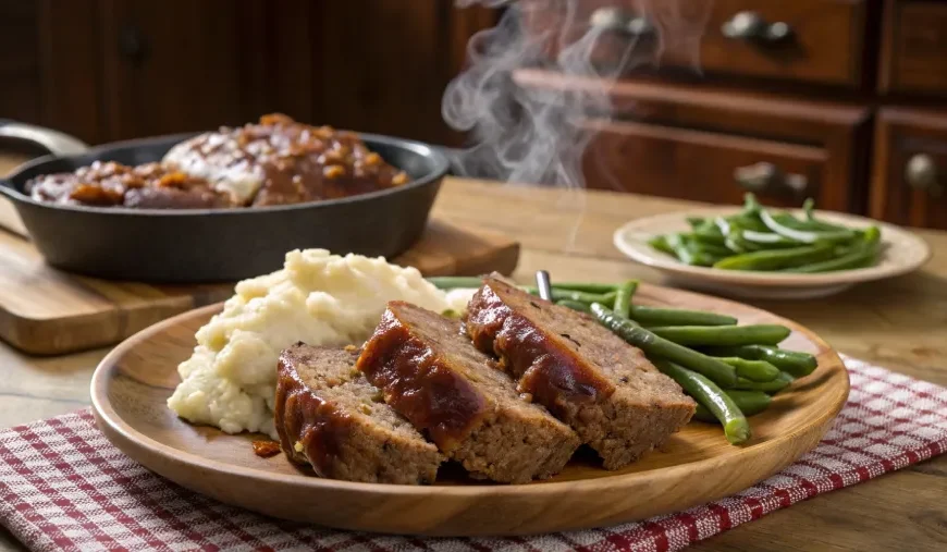 Served crock pot French onion meatloaf with sides