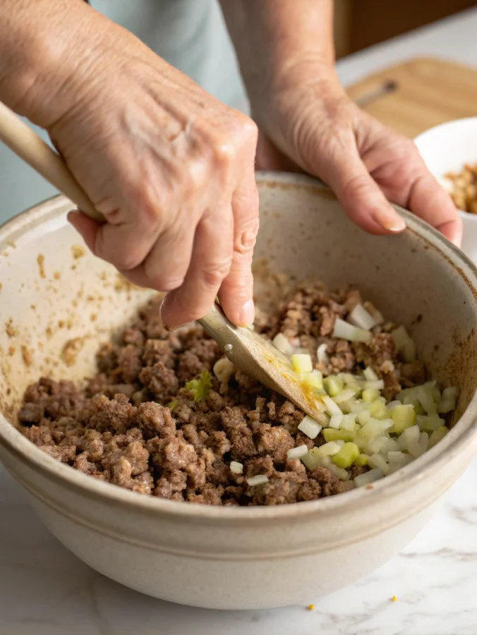 Mixing meatloaf ingredients in a bowl