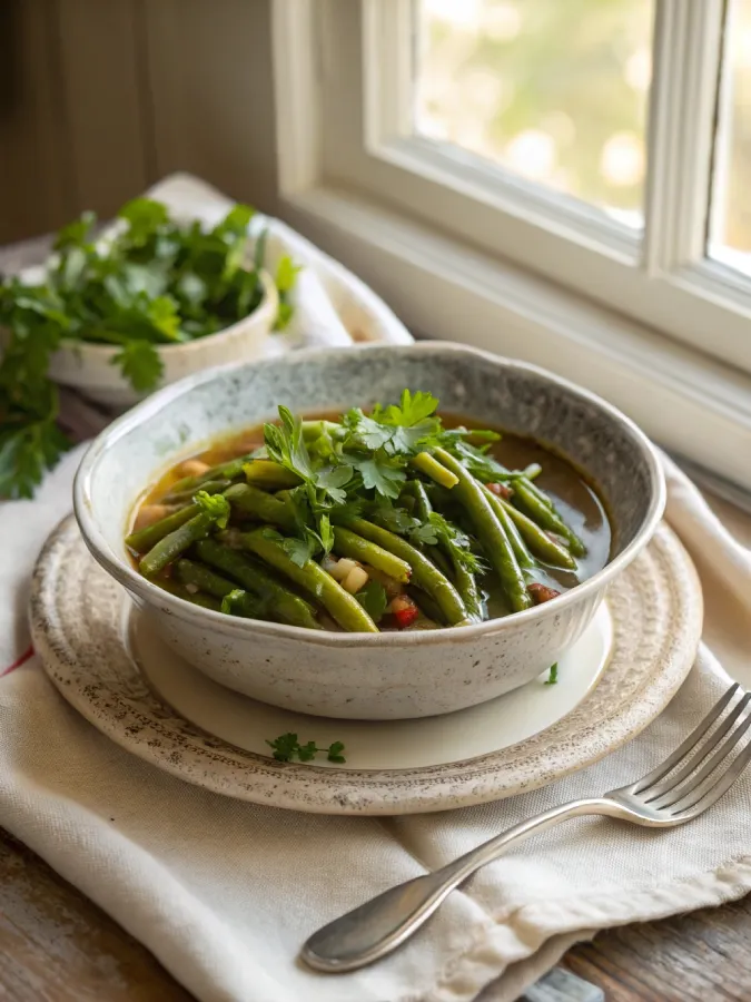 slow cooker green beans simmering