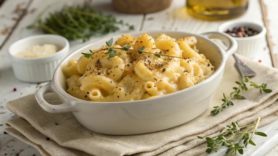 served crock pot mac and cheese in bowl