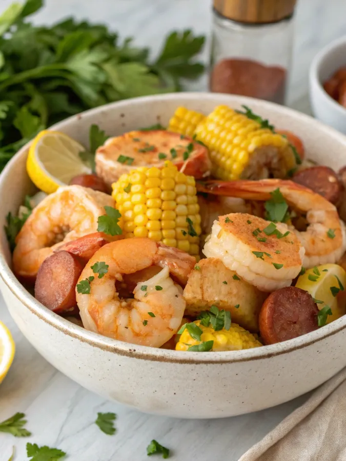 Bowl of crock pot shrimp boil with lemon and parsley