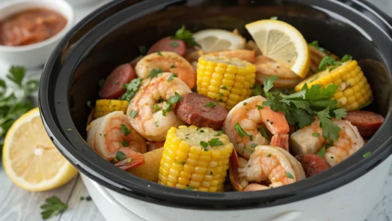 Bowl of crock pot shrimp boil with lemon and parsley