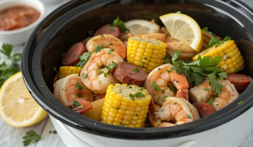 Bowl of crock pot shrimp boil with lemon and parsley