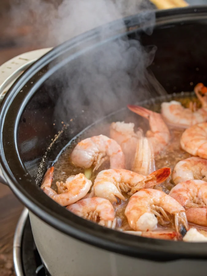 Adding shrimp to slow cooker shrimp boil