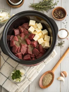 Adding steak, butter, and garlic to the crock-pot